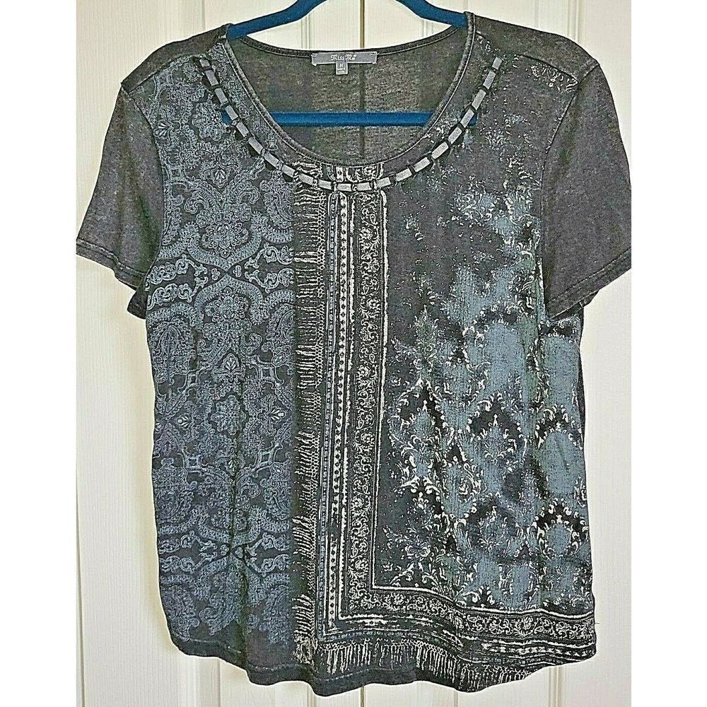 MISS ME Women's M Medium Charcoal Gray T-Shirt Top Short Sleeve Soft‎